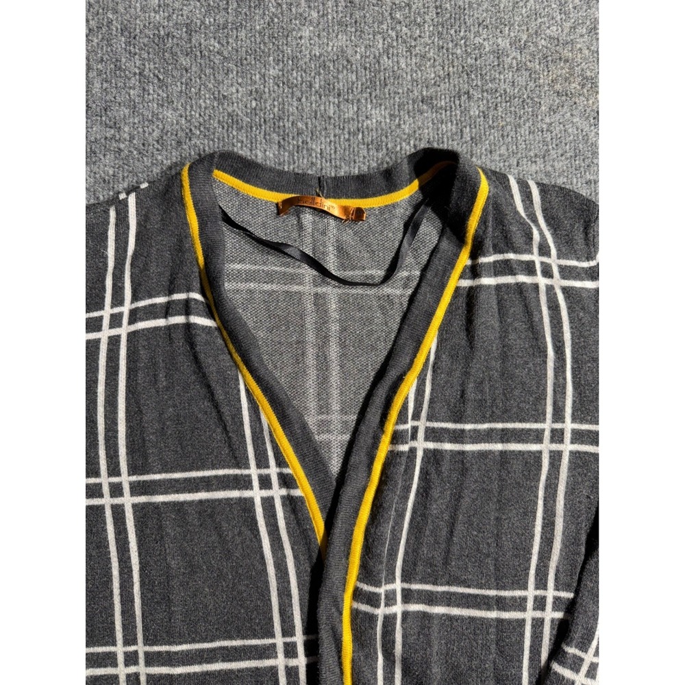 Belldini Grey White Windowpane Plaid Open Front Cardigan Yellow Trim Medium - Picture 2 of 9